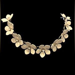 1960's Enameled & Rhinestone Daisy Flower Necklace on Brass Chain